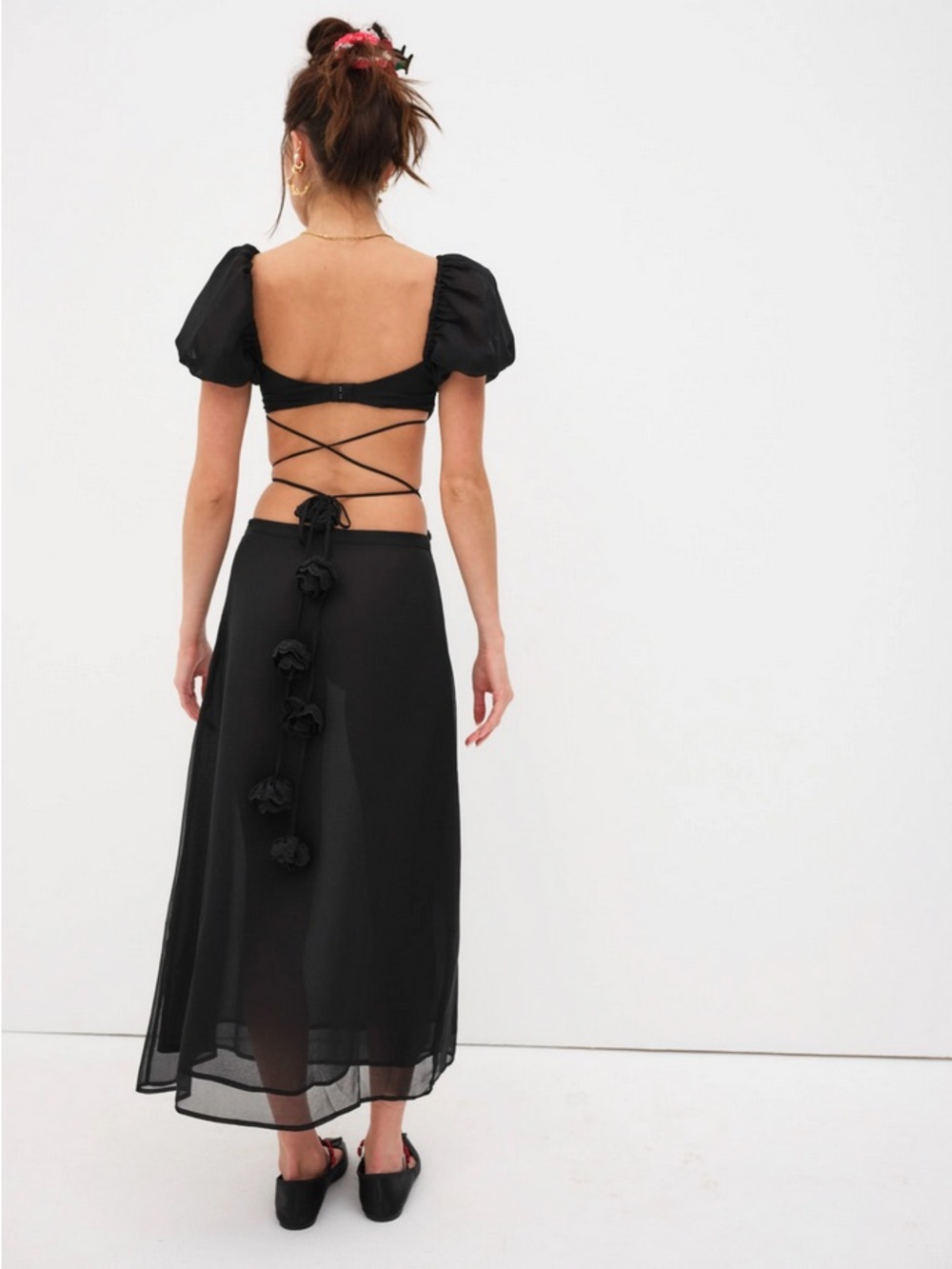 For Love & Lemons Adella Top & Melody Midi Skirt Set Black Rosette | M - Picture 2 of 16